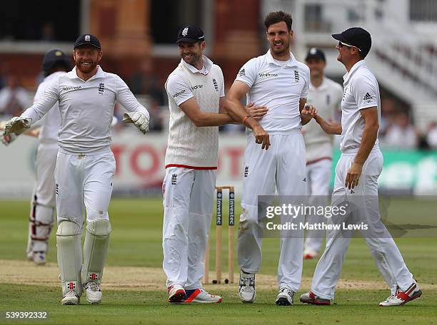 Steven Finn of England is congrtaulated on the wicket of Lahiru Thirimanne of Sri Lanka, after he was caught by Joe Root during day three of the 3rd...