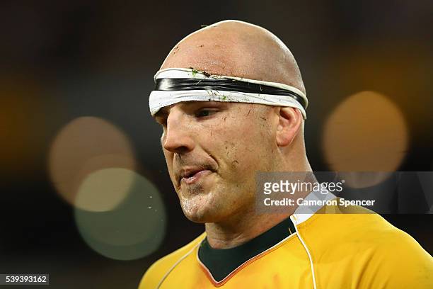 Stephen Moore of the Wallabies looks dejected after losing the International Test match between the Australian Wallabies and England at Suncorp...