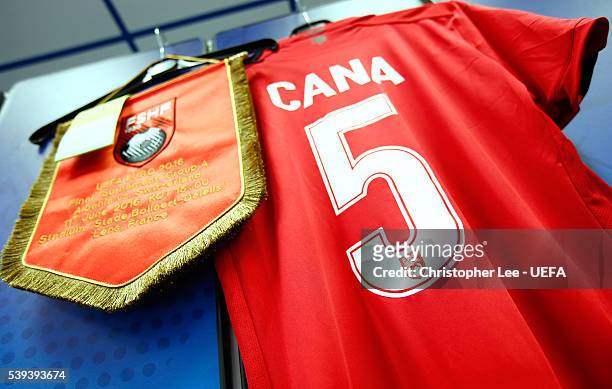 The shirt of Lorik Cana of Albania is hung in the dressing room prior to the UEFA EURO 2016 Group A match between Albania and Switzerland at Stade...