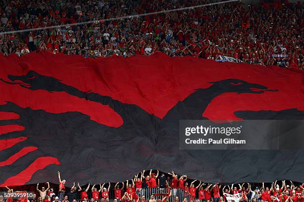 Albania supporters spread a giant flag prior to the UEFA EURO 2016 Group A match between Albania and Switzerland at Stade Bollaert-Delelis on June...