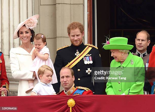 Catherine, Duchess of Cambridge, Princess Charlotte, Prince George, Prince William, Duke of Cambridge, Prince Harry and Queen Elizabeth II attend the...