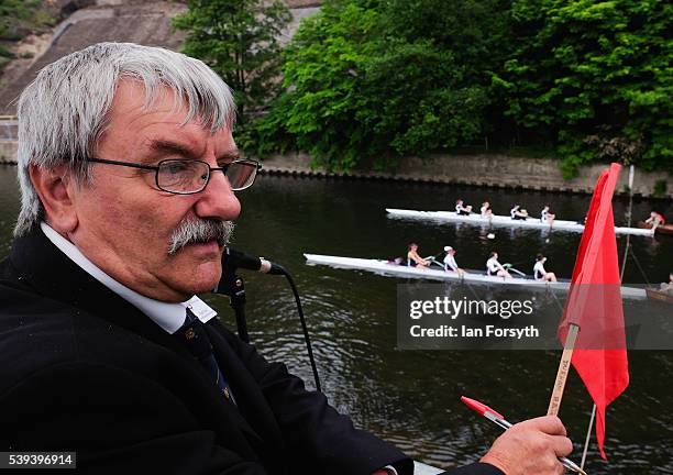 The starter prepares to set off two boats during the 183rd annual regatta on the River Wear on June 11, 2016 in Durham, England. The present regatta...