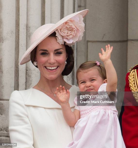 Catherine, Duchess of Cambridge and Princess Charlotte of Cambridge during the Trooping the Colour, this year marking the Queen's 90th birthday at...