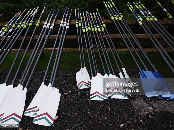 Rowing blades are lined up ahead of the 183rd annual regatta on the River Wear on June 11, 2016 in Durham, England. The present regatta dates back to...