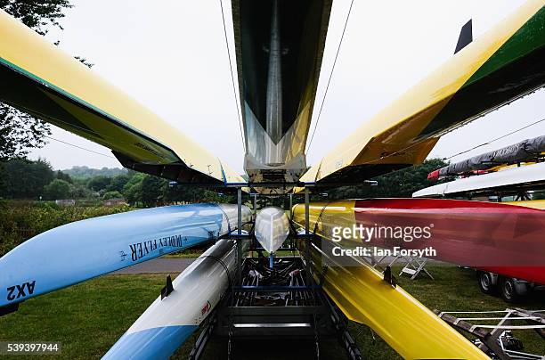 Rowing boats are stacked on a trailer as rowers from across the country take part in the 183rd annual regatta on the River Wear on June 11, 2016 in...