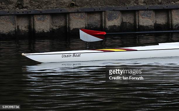 The bow of a rowing boat called 'Usain Boat' can be seen as rowers from across the country take part in the 183rd annual regatta on the River Wear on...