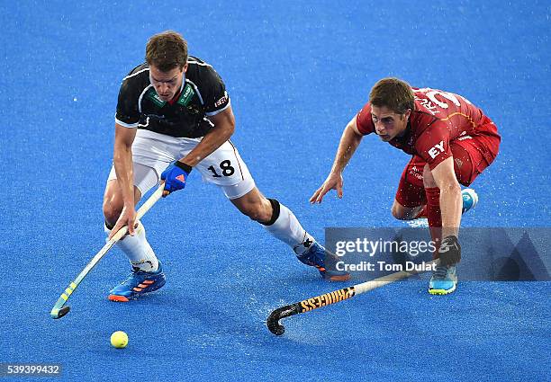 Jerome Truyens of Belgium and Oliver Korn of Germany in action during day two of the FIH Men's Hero Hockey Champions Trophy 2016 match between...