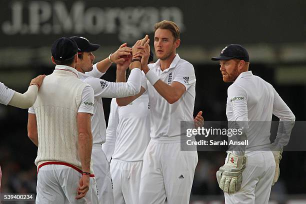 England's Stuart Broad celebrates taking the wicket of Sri Lanka's Rangana Herath during day three of the 3rd Investec Test match between England and...