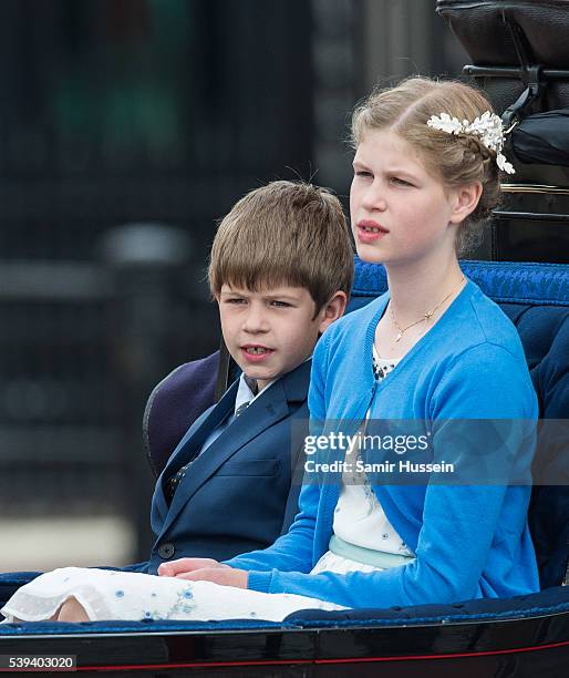 Lady Louise Windsor and James, Viscount Severn attend Trooping the Colour, this year marking the Queen's official 90th birthday at The Mall on June...