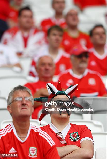 Wales fans take their seats prior to kickoff during the UEFA EURO 2016 Group B match between Wales and Slovakia at Stade Matmut Atlantique on June...