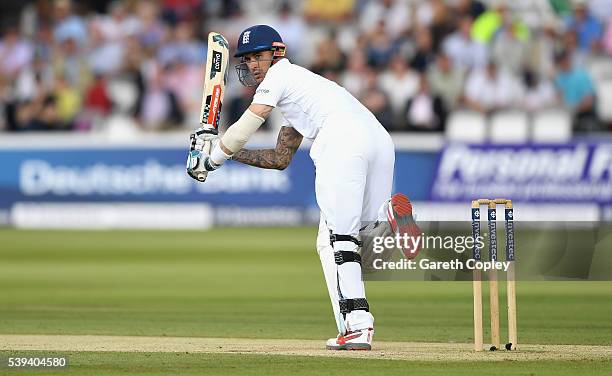 Alex Hales of England bats during day three of the 3rd Investec Test match between England and Sri Lanka at Lord's Cricket Ground on June 11, 2016 in...