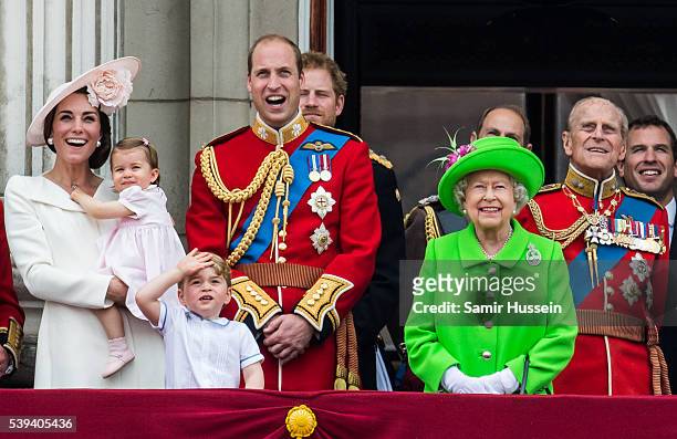 Catherine, Duchess of Cambridge, Princess Charlotte, Prince George, Prince William, Duke of Cambridge, Queen Elizabeth II and Prince Philip, Duke of...