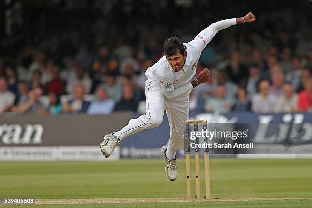 Suranga Lakmal of Sri Lanka bowls during day three of the 3rd Investec Test match between England and Sri Lanka at Lord's Cricket Ground on June 11,...