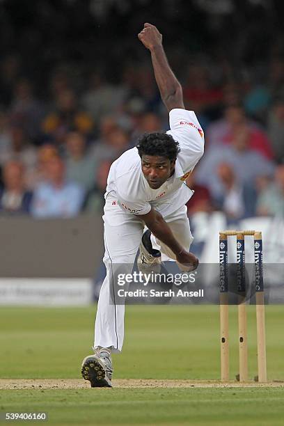 Sri Lanka's Shaminda Eranga bowls during day three of the 3rd Investec Test match between England and Sri Lanka at Lord's Cricket Ground on June 11,...