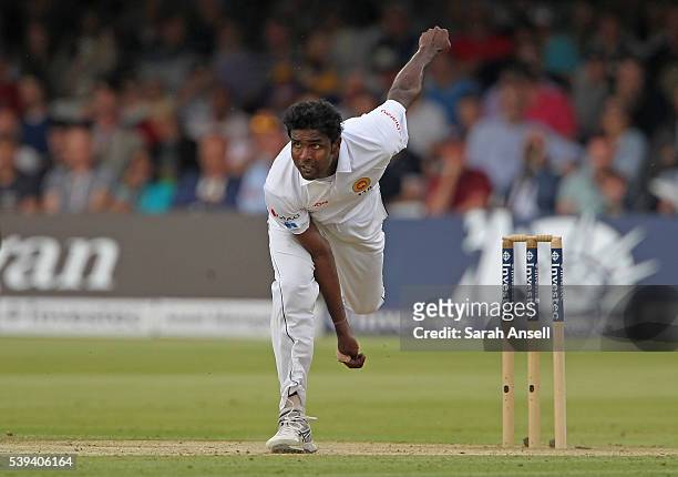 Sri Lanka's Shaminda Eranga bowls during day three of the 3rd Investec Test match between England and Sri Lanka at Lord's Cricket Ground on June 11,...