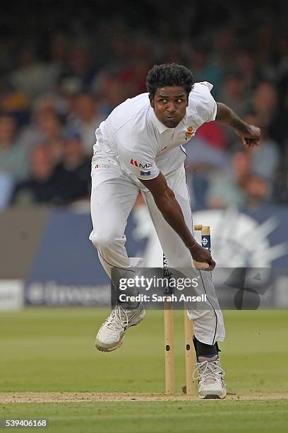 Sri Lanka's Shaminda Eranga bowls during day three of the 3rd Investec Test match between England and Sri Lanka at Lord's Cricket Ground on June 11,...