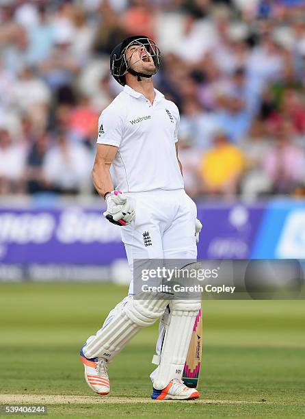 Nick Compton of England reacts after being dismissed by Shaminda Eranga of Sri Lanka during day three of the 3rd Investec Test match between England...