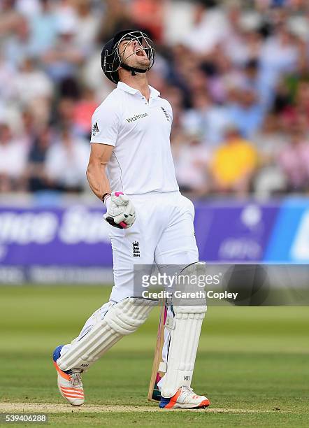 Nick Compton of England reacts after being dismissed by Shaminda Eranga of Sri Lanka during day three of the 3rd Investec Test match between England...