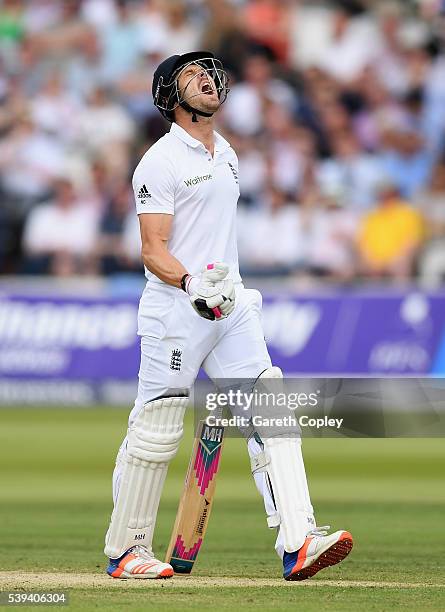 Nick Compton of England reacts after being dismissed by Shaminda Eranga of Sri Lanka during day three of the 3rd Investec Test match between England...