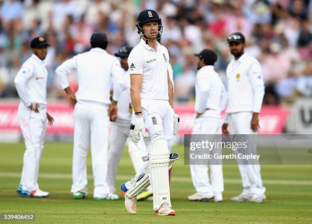 Nick Compton of England leaves the field after being dismissed by Shaminda Eranga of Sri Lanka during day three of the 3rd Investec Test match...