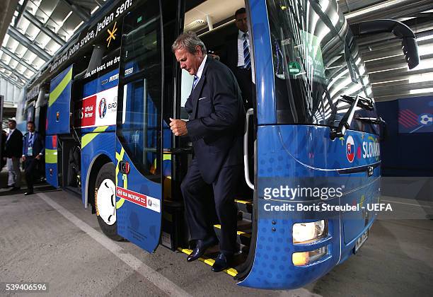 Jan Kozak head coach of Slovakia is seen on arrival at the stadium prior to the UEFA EURO 2016 Group B match between Wales and Slovakia at Stade...