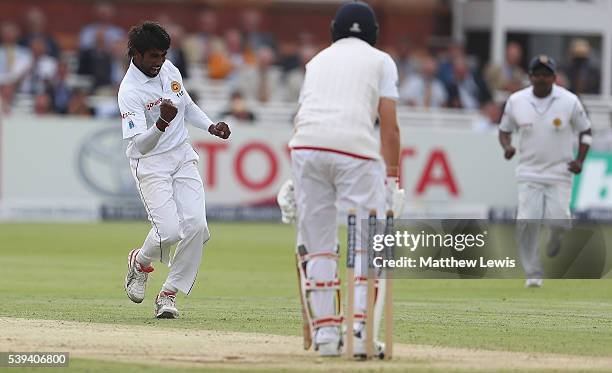 Nuwan Pradeep of England celebrates bowling Joe Root of England during day three of the 3rd Investec Test match between England and Sri Lanka at...