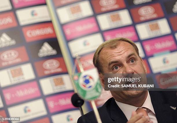 Slovakias new national football team coach Vladimir Weiss answers media ' questions on July 7, 2008 during a news conference in Bratislava. Weiss...