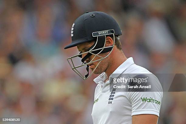England's Nick Compton casts a dejected figure as he leaves the pitch after being dismissed for 19 runs during day three of the 3rd Investec Test...