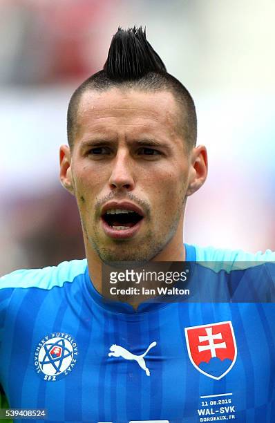 Marek Hamsik of Slovakia is seen during the national anthem prior to the UEFA EURO 2016 Group B match between Wales and Slovakia at Stade Matmut...