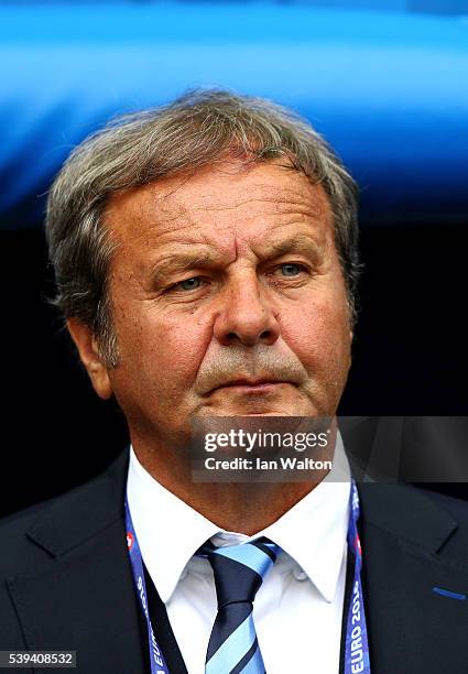 Jan Kozak head coach of Slovakia is seen prior to the UEFA EURO 2016 Group B match between Wales and Slovakia at Stade Matmut Atlantique on June 11,...