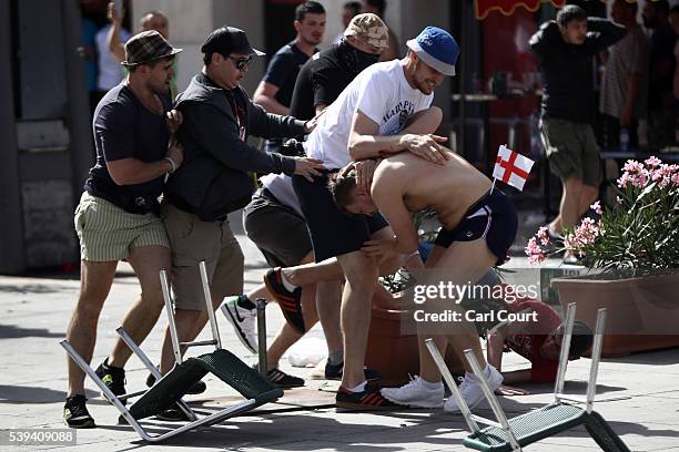 England fans clash with Russian fans ahead of the game against Russia later today on June 11, 2016 in Marseille, France. Football fans from around...