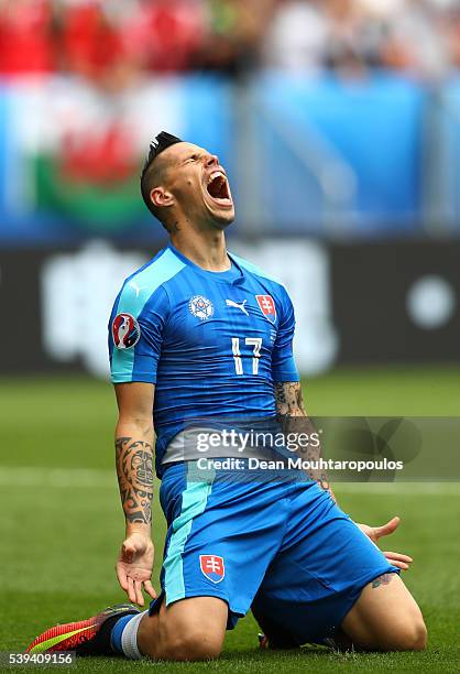 Marek Hamsik of Slovakia reacts after missing a chance during the UEFA EURO 2016 Group B match between Wales and Slovakia at Stade Matmut Atlantique...