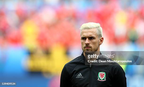 Aaron Ramsey of Wales is seen prior to the UEFA EURO 2016 Group B match between Wales and Slovakia at Stade Matmut Atlantique on June 11, 2016 in...