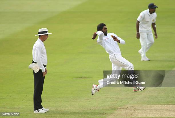 Nuwan Pradeep of Sri Lanka bowling during day three of the 3rd Investec Test match between England and Sri Lanka at Lords Cricket Ground on June 11,...