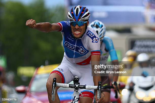Thibaut Pinot of France and FDJ celebrates winning stage six of the 2016 Criterium du Dauphine, a 141km stage from La Rochette to Meribel, on June...