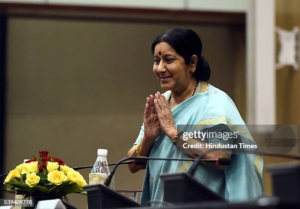 External Affairs Minister Sushma Swaraj during the flag off of first batch of Kailash Manasarover Yatra 2016, at JNB, on June 11, 2016 in New Delhi,...