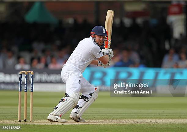 England's Jonny Bairstow hits out during day three of the 3rd Investec Test match between England and Sri Lanka at Lord's Cricket Ground on June 11,...