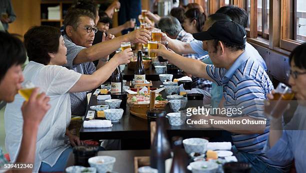 Customers toast inside a yakatabune, or traditional low barge style boat, operated by Mikawaya shipping agent, as it sails through Tokyo Bay on June...