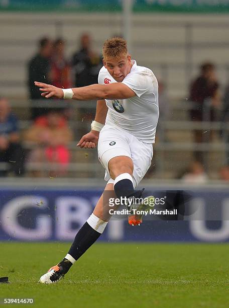 Harry Mallinder of England kicks a penalty during the World Rugby U20 Championship match between England and Scotland at The Academy Stadium on June...
