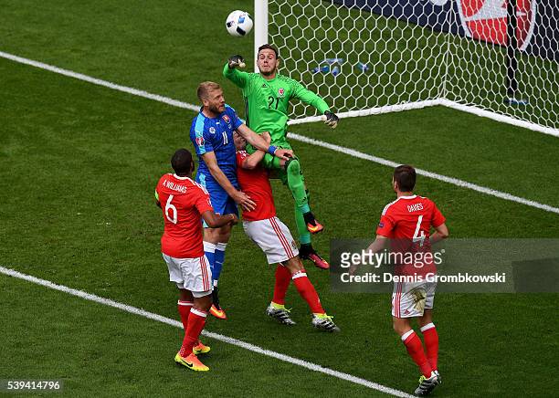 Danny Ward of Wales punches the ball during the UEFA EURO 2016 Group B match between Wales and Slovakia at Stade Matmut Atlantique on June 11, 2016...