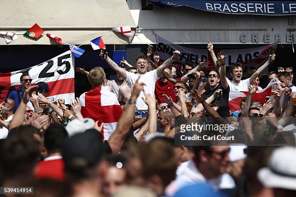 England fans gather and cheer ahead of the game against Russia later today on June 11, 2016 in Marseille, France. Football fans from around Europe...