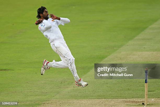 Nuwan Pradeep of Sri Lanka bowling during day three of the 3rd Investec Test match between England and Sri Lanka at Lords Cricket Ground on June 11,...