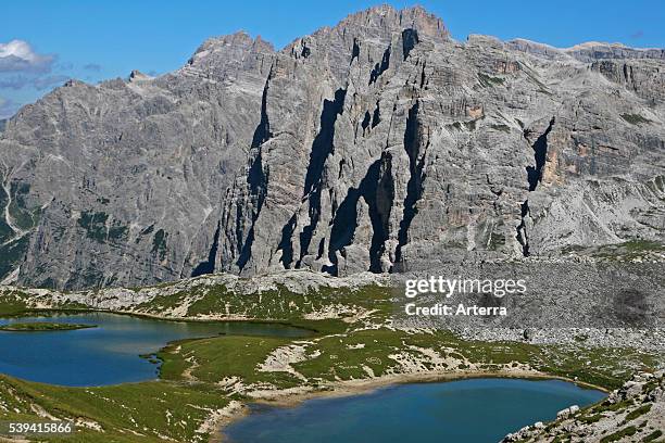 View over Lago dei Piani and Via ferrata de Luca near the Tre Cime di Lavaredo / Drei Zinnen, Dolomites, Italy.