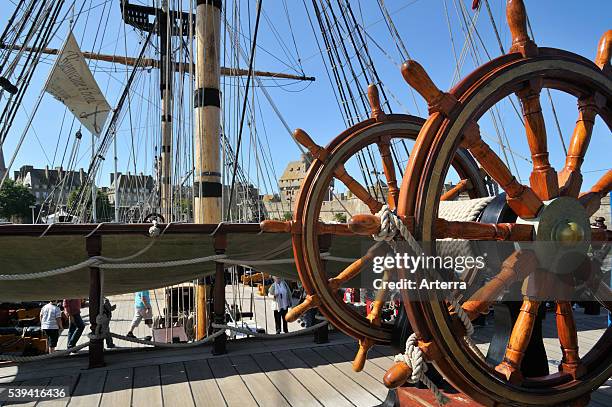 Steering wheel aboard the Grand Turk / Etoile du Roy, a three-masted sixth-rate frigate replica of HMS Blandford, built in 1741 and based in Saint...