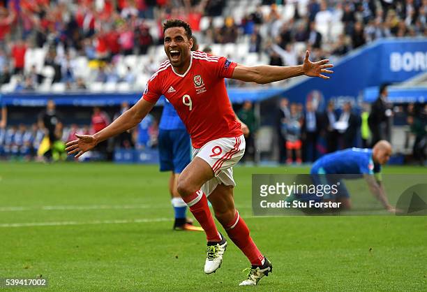 Hal Robson-Kanu of Wales celebrates scoring his team's second goal during the UEFA EURO 2016 Group B match between Wales and Slovakia at Stade Matmut...
