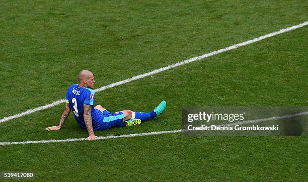 Martin Skrtel of Slovakia shows his dejection after Wales' second goal during the UEFA EURO 2016 Group B match between Wales and Slovakia at Stade...