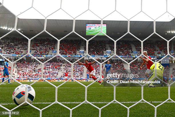 Hal Robson-Kanu of Wales scores his team's second goal during the UEFA EURO 2016 Group B match between Wales and Slovakia at Stade Matmut Atlantique...
