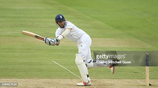 Alex Hales of England plays a shot during day three of the 3rd Investec Test match between England and Sri Lanka at Lords Cricket Ground on June 11,...