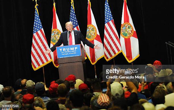Republican presidential candidate Donald Trump speaks during a campaign rally at the Tampa Convention Center on June 11, 2016 in Tampa, Florida....