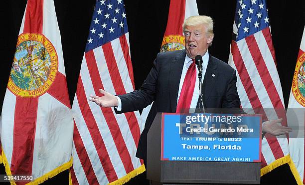 Republican presidential candidate Donald Trump speaks during a campaign rally at the Tampa Convention Center on June 11, 2016 in Tampa, Florida....